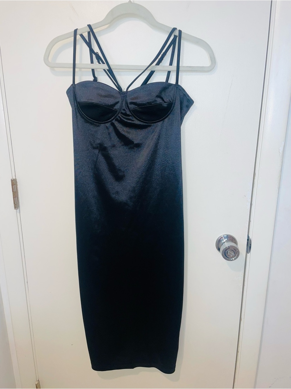 Black satin bustier bodycon fitted dress corset midi balconette cocktail Akira L